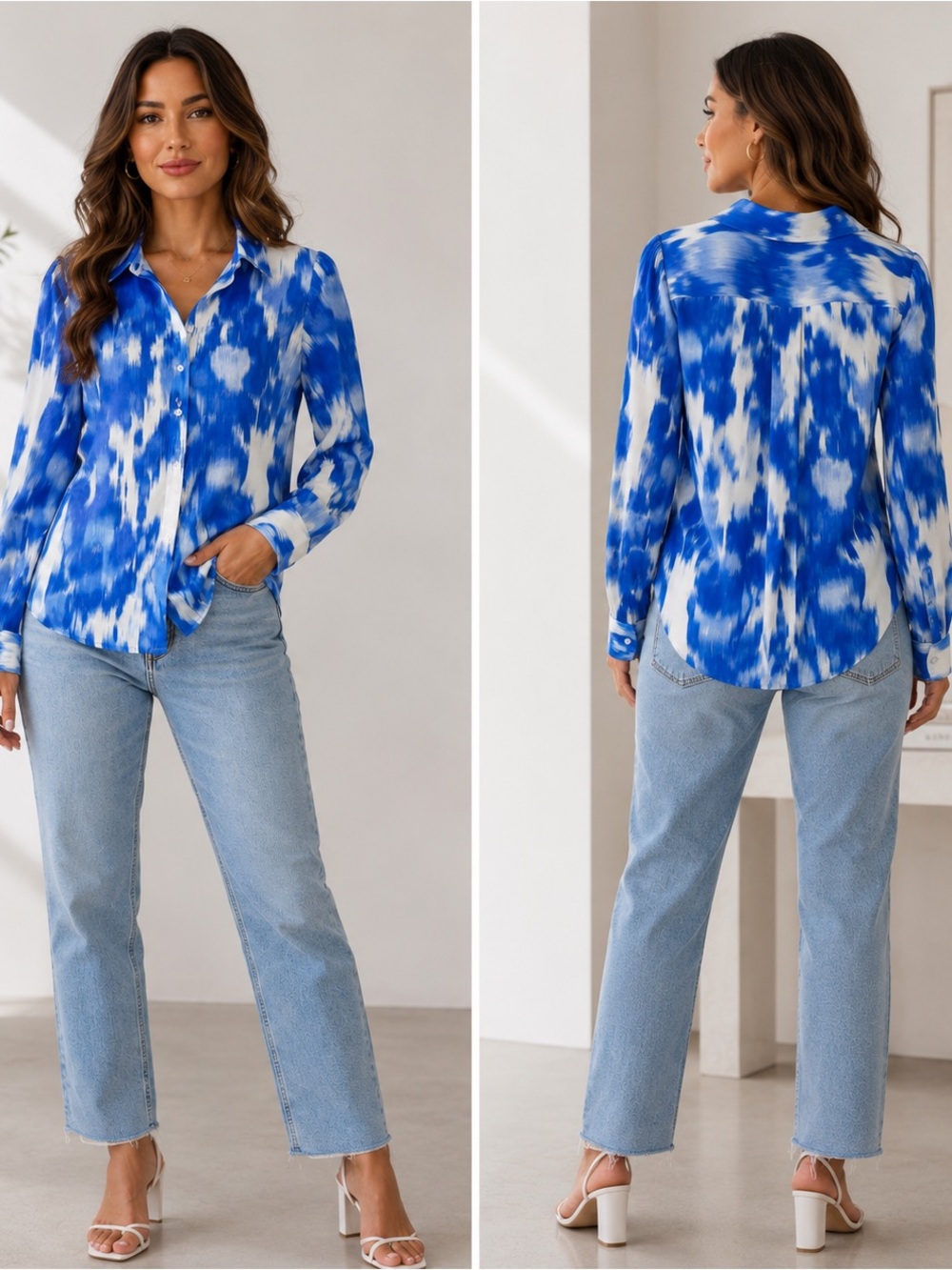 Halogen Blue White Tie Dye Button Front Blouse Women’s Size S Long Sleeve